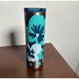 Starbucks 2020 Floral Stainless Steel Tumbler 16oz Blue Teal Flowers Travel Cup